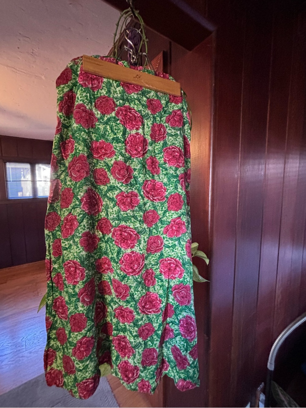 Green Floral Midi Skirt with Pink Rose Print